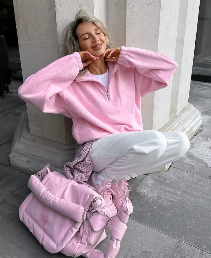 Polar Fleece Pink Pullover med dragkedja för kvinnor