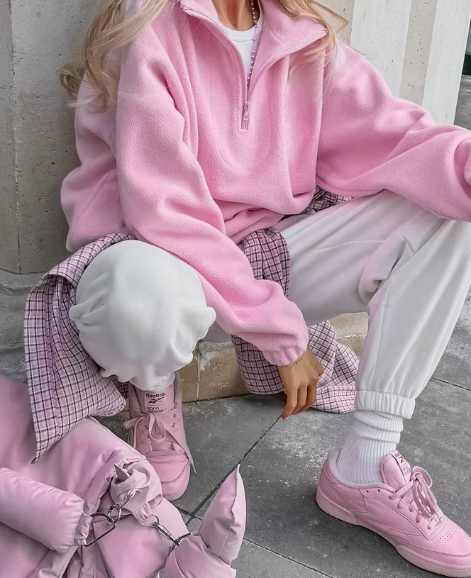 Polar Fleece Pink Pullover med dragkedja för kvinnor