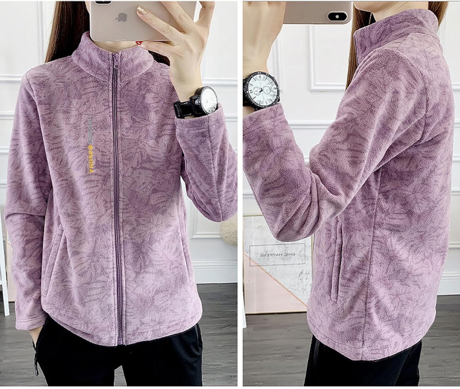 Borstad fleecejacka med tryck för kvinnor