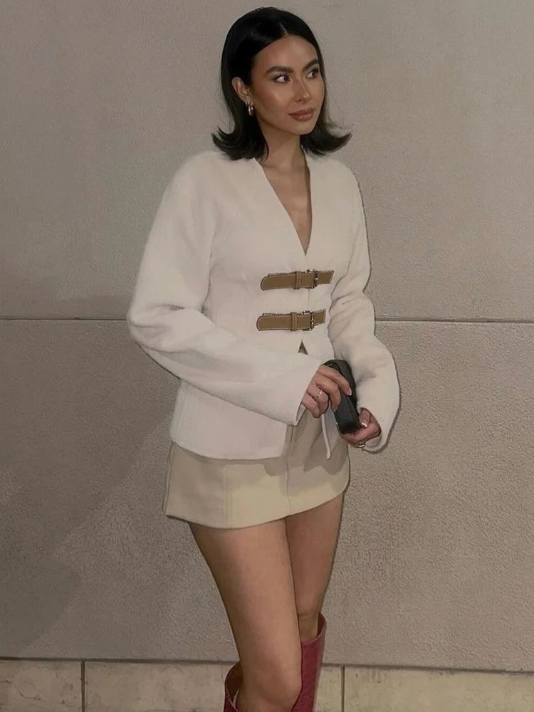 Vintage ulljacka med läderspänne för kvinnor