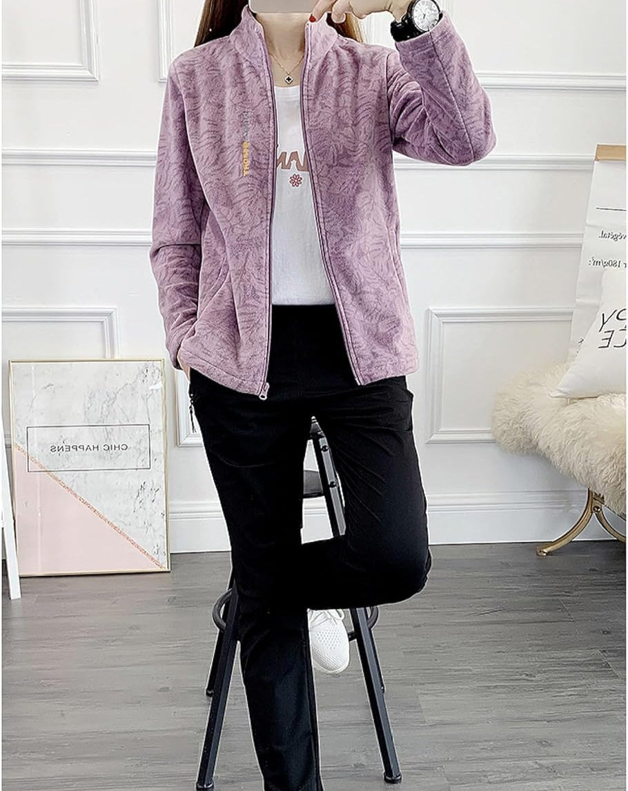 Borstad fleecejacka med tryck för kvinnor