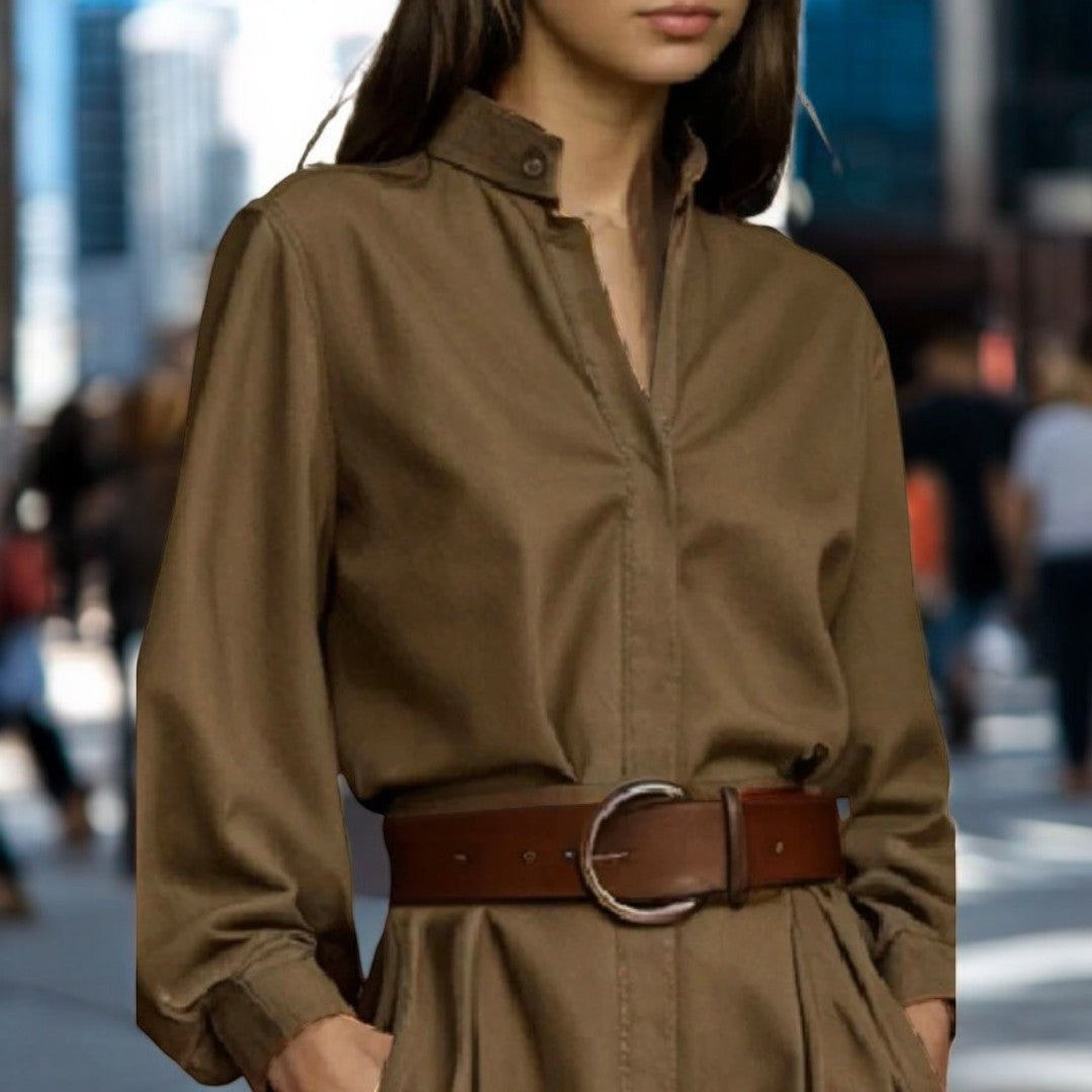 Knäppt blus med puffärm för kvinnor