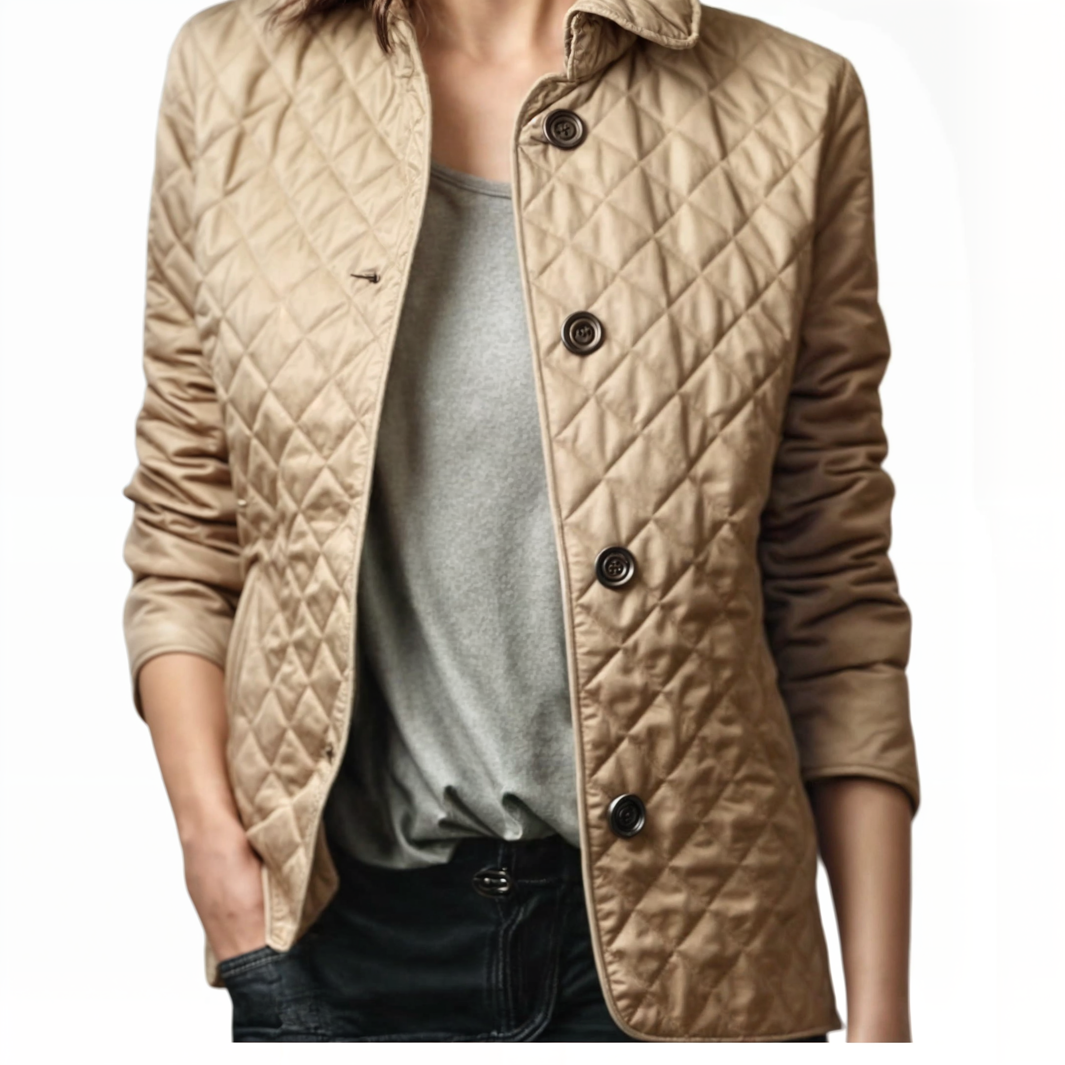 Kviltert jakke med nedfällbar krage för kvinnor