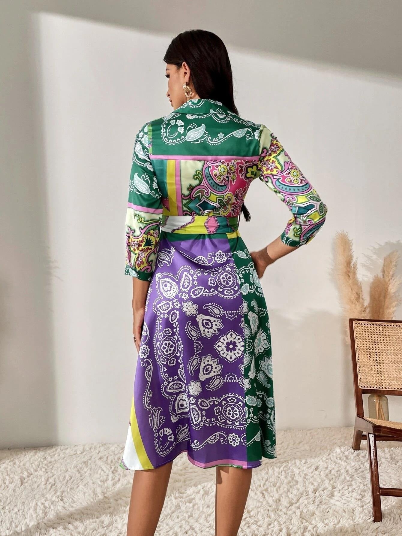 Print Belted skjortklänning med bälte