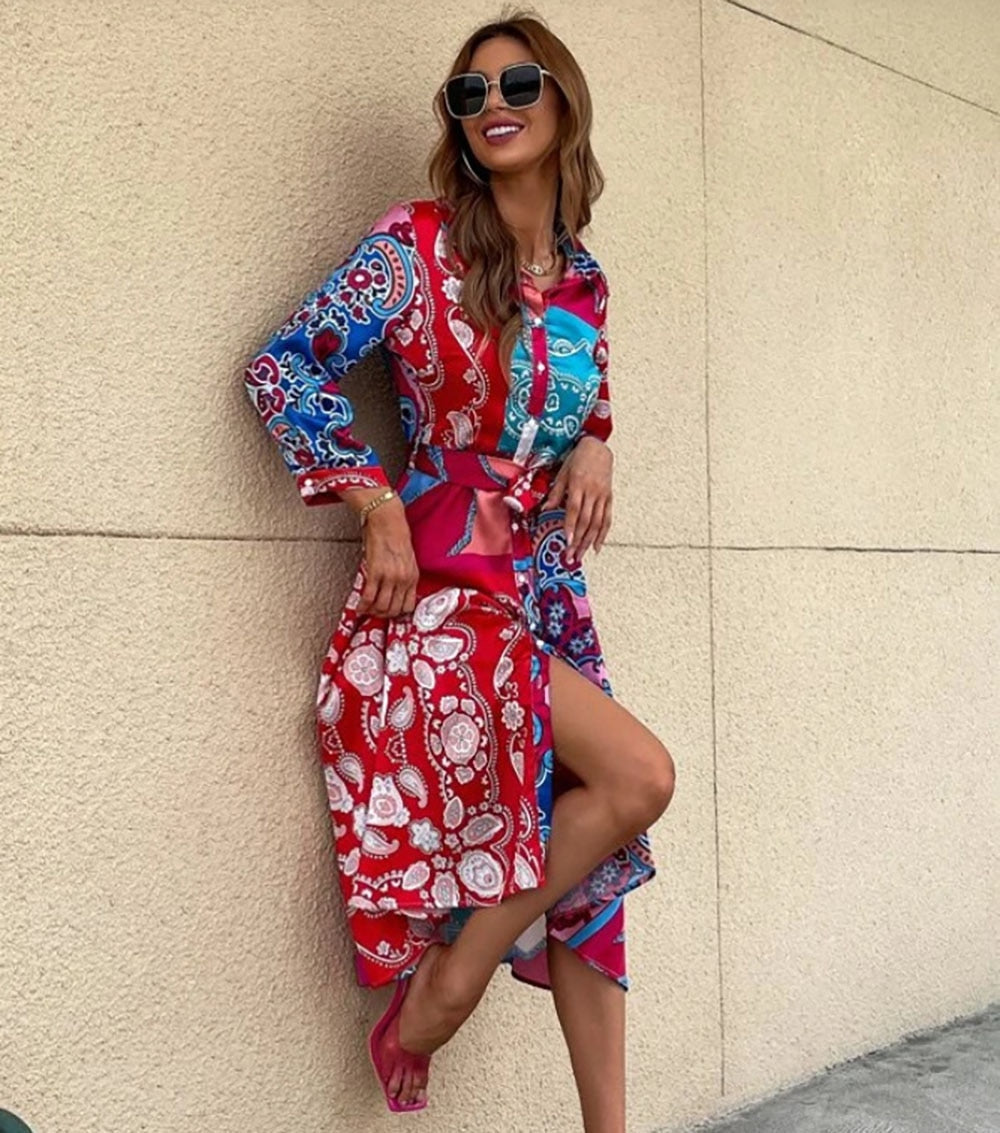 Print Belted skjortklänning med bälte